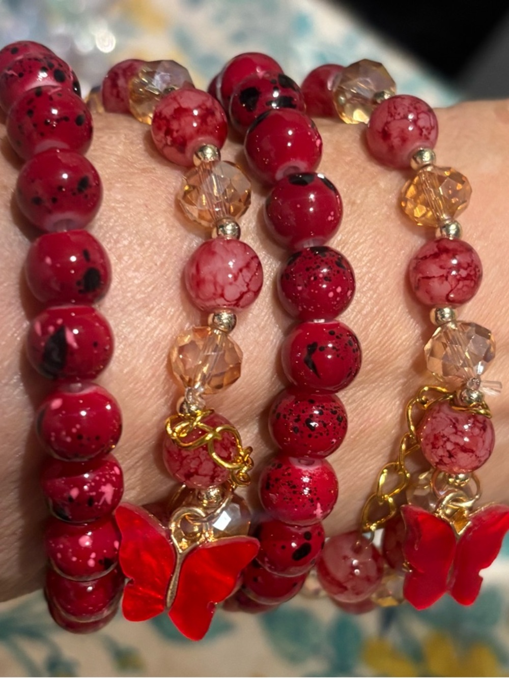 NEW MOTHERS DAY BUTTERFLY RED CHARM W/RED POMEGRANATE GLASS BEADED BRAC 4PC